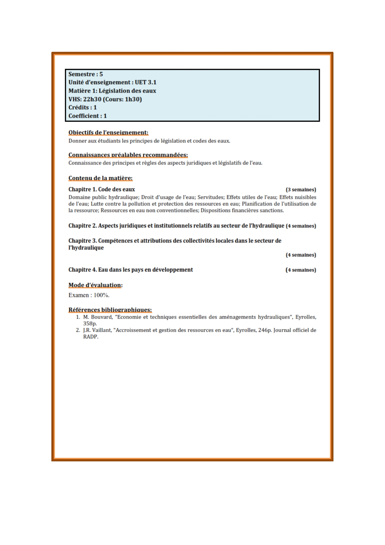 Programme détaillé de la matière L3  Hydraulique 2025/2026